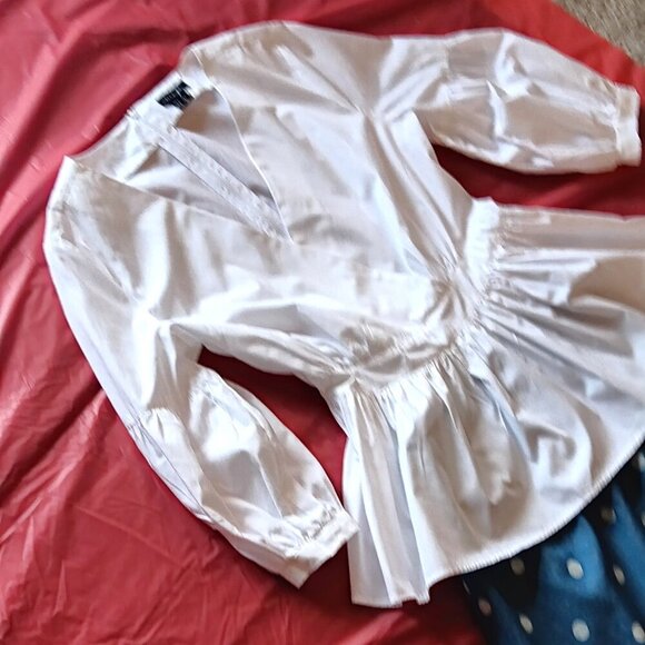 BLUE COTTON MIDI SASH BELTED POLKA DOT, SKIRT, S, W/WHITE PEPLUM COTTON BLOUSE - Picture 2 of 5